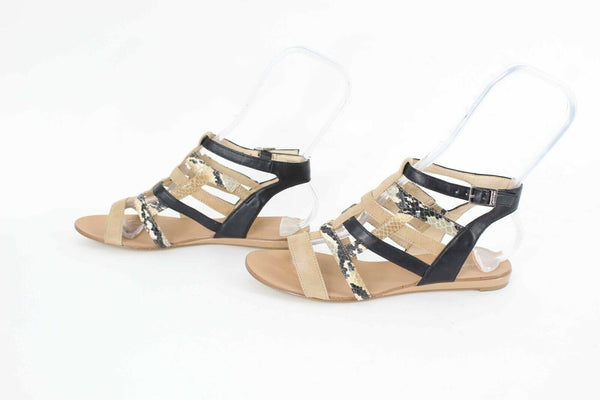 Calvin Klein Selina 6.5M Tan Black Snake Flat Strappy Vegan Leather Sandal