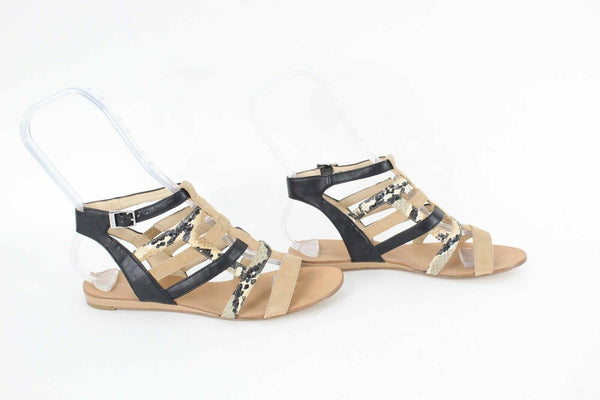 Calvin Klein Selina 6.5M Tan Black Snake Flat Strappy Vegan Leather Sandal