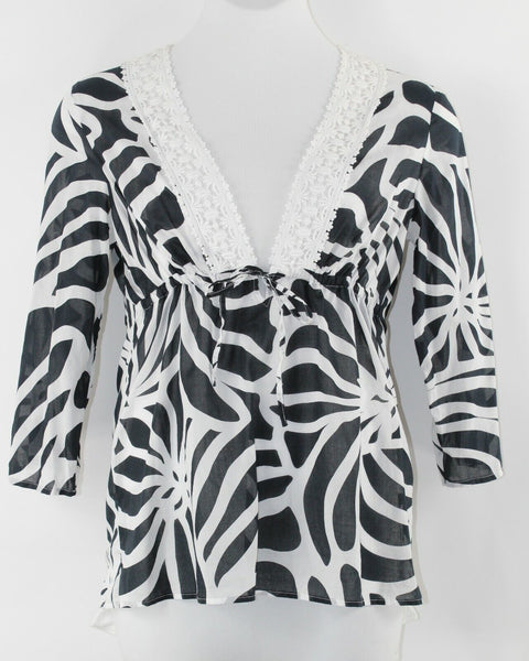 INC Sz 14 Black White Lace Applique Neckline Drawstring 100% Cotton Top