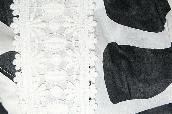 INC Sz 14 Black White Lace Applique Neckline Drawstring 100% Cotton Top