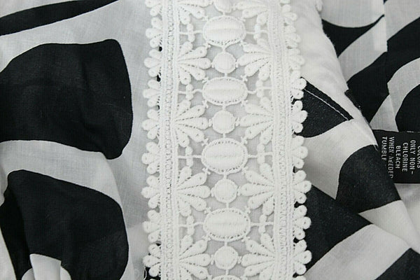 INC Sz 14 Black White Lace Applique Neckline Drawstring 100% Cotton Top