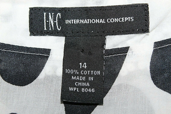 INC Sz 14 Black White Lace Applique Neckline Drawstring 100% Cotton Top