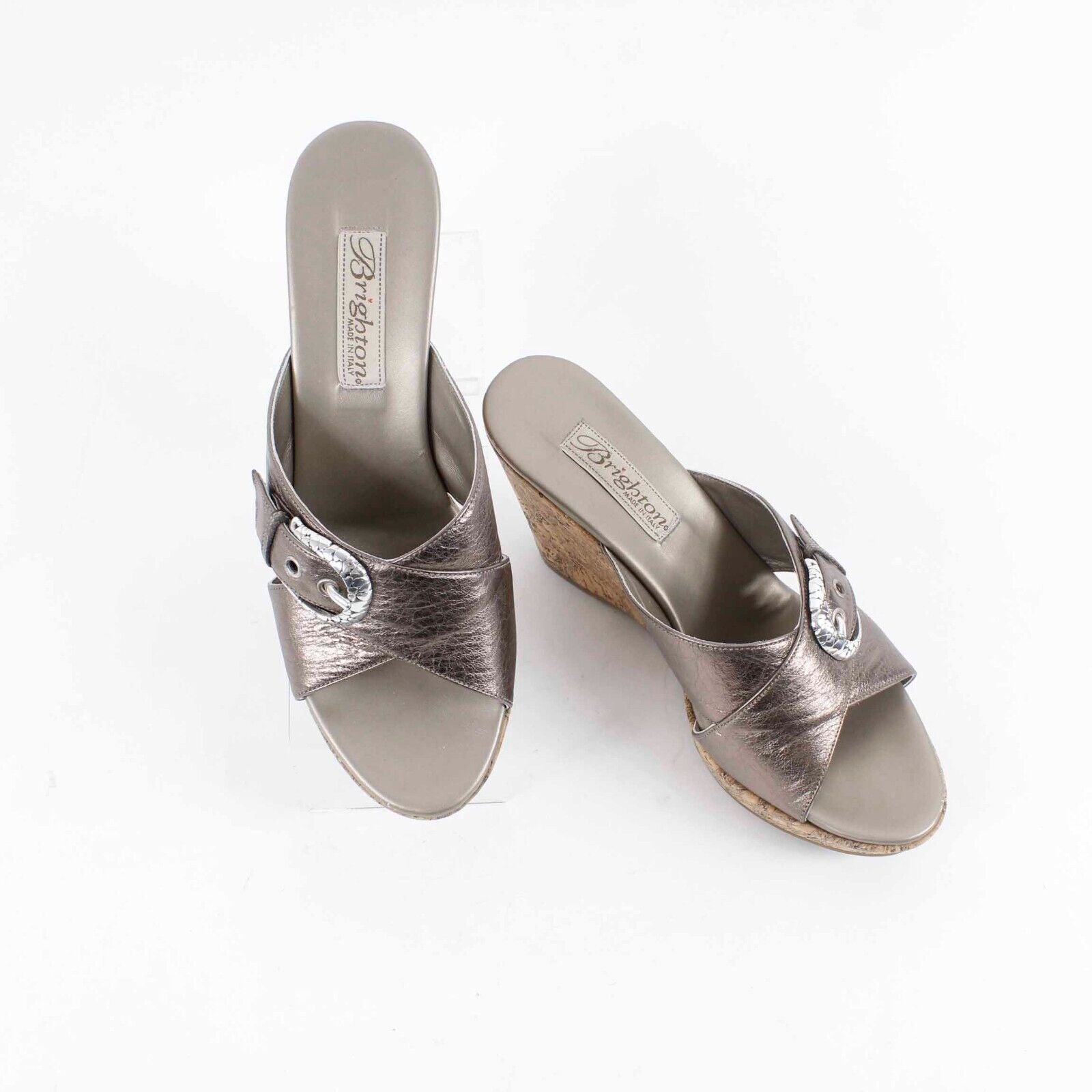 Brighton Sz 6.5M Brown Metallic Silver Buckle Cork Slip On 3.5" Wedge Heel
