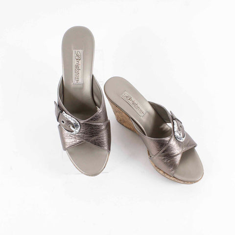 Brighton Sz 6.5M Brown Metallic Silver Buckle Cork Slip On 3.5" Wedge Heel