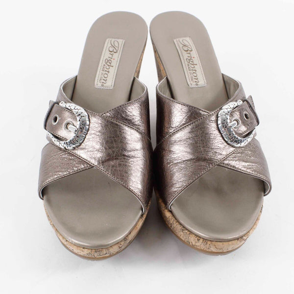 Brighton Sz 6.5M Brown Metallic Silver Buckle Cork Slip On 3.5" Wedge Heel