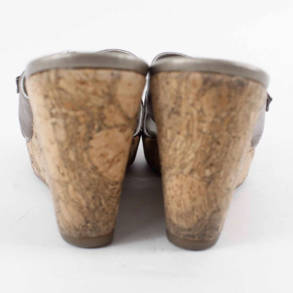 Brighton Sz 6.5M Brown Metallic Silver Buckle Cork Slip On 3.5" Wedge Heel