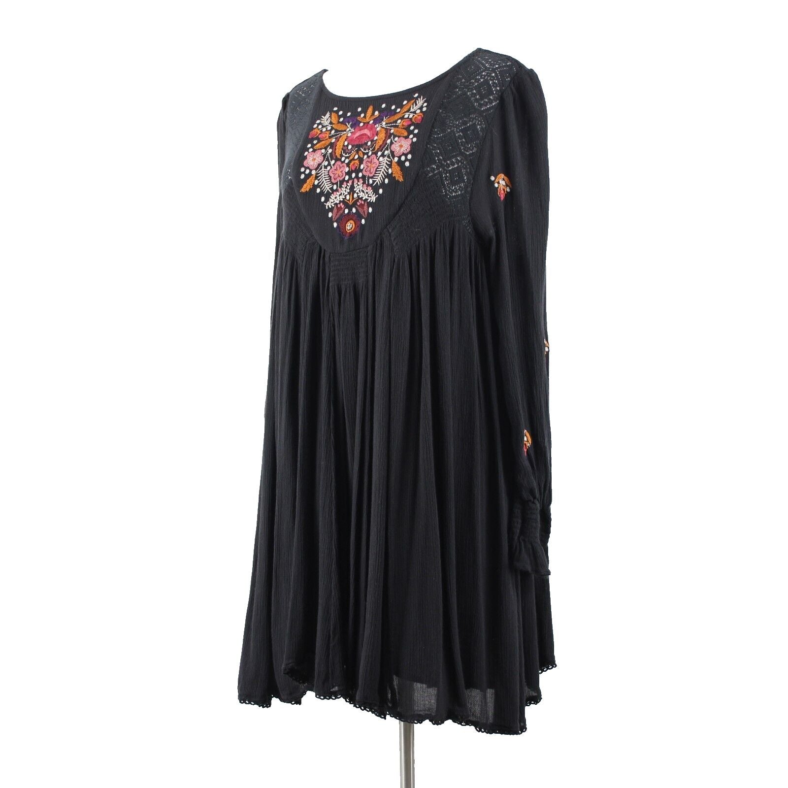 Free People Sz SP Black Burgundy Multi Embroidered 100% Rayon Bohemian Dress