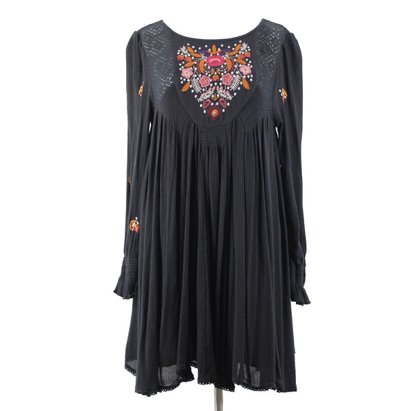 Free People Sz SP Black Burgundy Multi Embroidered 100% Rayon Bohemian Dress