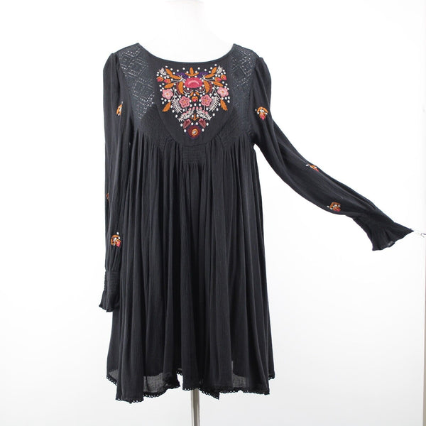 Free People Sz SP Black Burgundy Multi Embroidered 100% Rayon Bohemian Dress