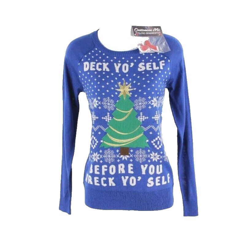 Well Worn Sz XS NEW Hook Latch Ornaments Blue Multi Acrylic Holiday Sweater