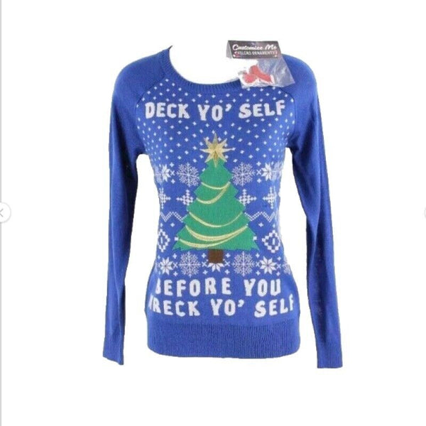 Well Worn Sz XS NEW Hook Latch Ornaments Blue Multi Acrylic Holiday Sweater