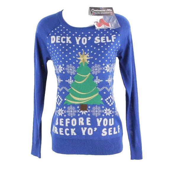 Well Worn Sz XS NEW Hook Latch Ornaments Blue Multi Acrylic Holiday Sweater