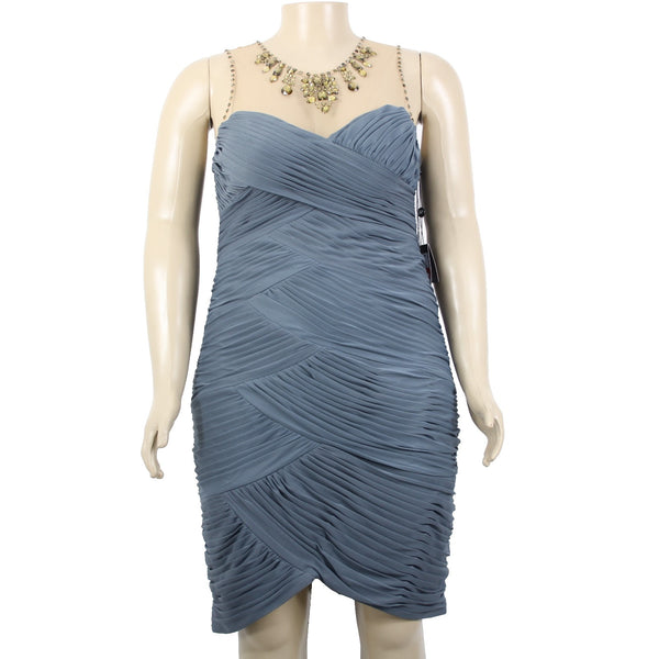 Adrianna Papell Dress NEW $198 Sz 10 Gray Tan Mesh Green Ruch Beaded 100% Poly