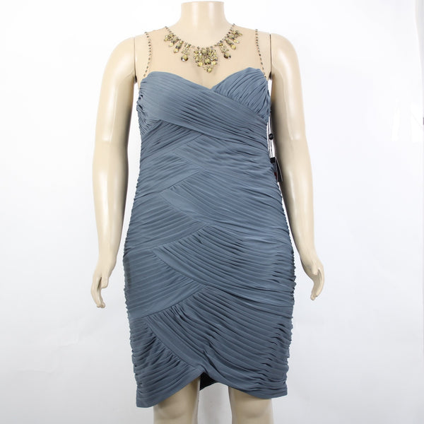 Adrianna Papell Dress NEW $198 Sz 10 Gray Tan Mesh Green Ruch Beaded 100% Poly