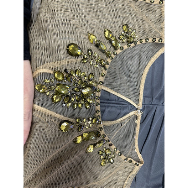 Adrianna Papell Dress NEW $198 Sz 10 Gray Tan Mesh Green Ruch Beaded 100% Poly