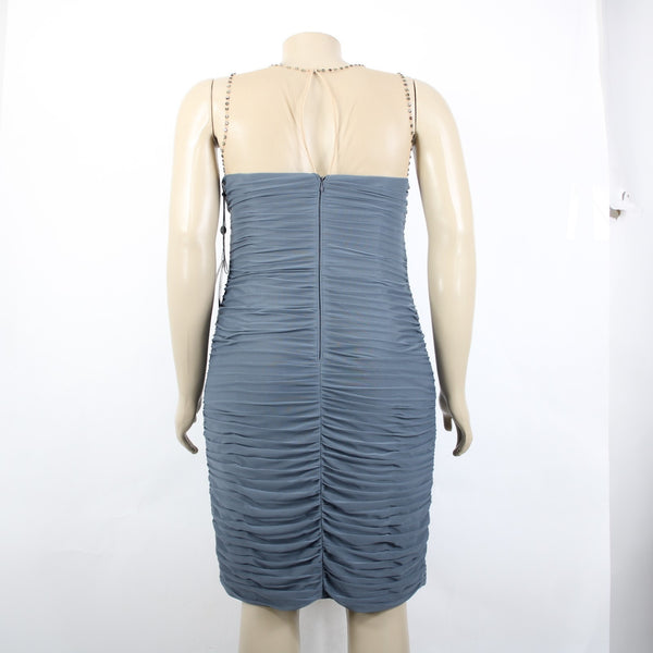 Adrianna Papell Dress NEW $198 Sz 10 Gray Tan Mesh Green Ruch Beaded 100% Poly