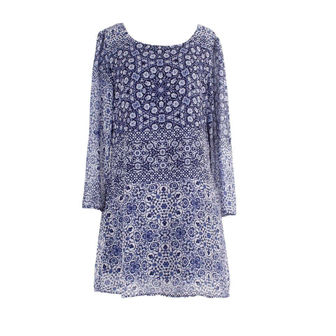 Speechless Sz L Navy Blue Multi Sheer Lined V Back 100% Poly Dress