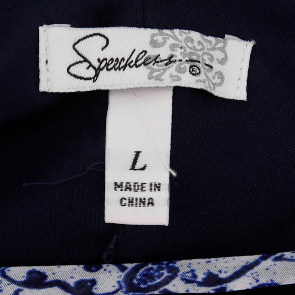 Speechless Sz L Navy Blue Multi Sheer Lined V Back 100% Poly Dress