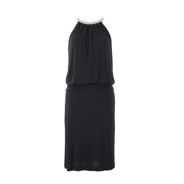 White House Black Market Sz S Black Silver Beaded Lined 100% Rayon Poly Dress