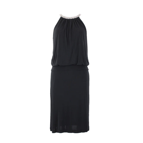 White House Black Market Sz S Black Silver Beaded Lined 100% Rayon Poly Dress