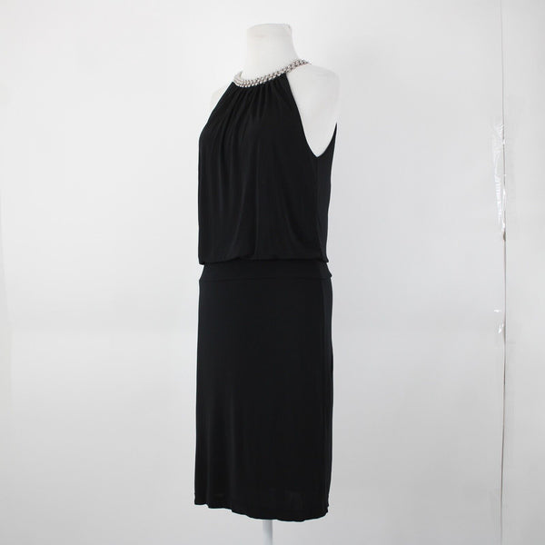 White House Black Market Sz S Black Silver Beaded Lined 100% Rayon Poly Dress