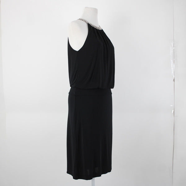White House Black Market Sz S Black Silver Beaded Lined 100% Rayon Poly Dress