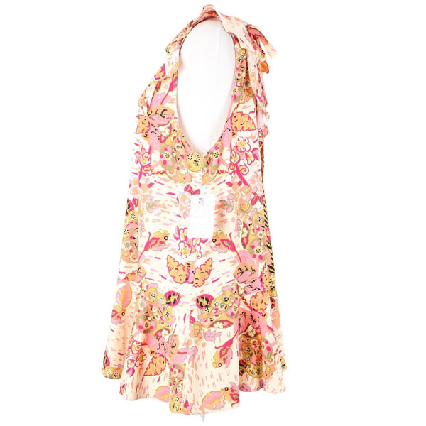 Free People NEW $108 Sz SP Pink Combo Ruffle Open Back Linen Viscose Dress