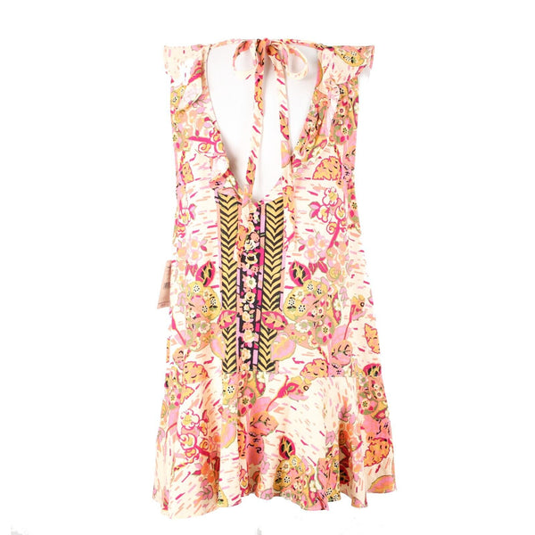 Free People NEW $108 Sz SP Pink Combo Ruffle Open Back Linen Viscose Dress