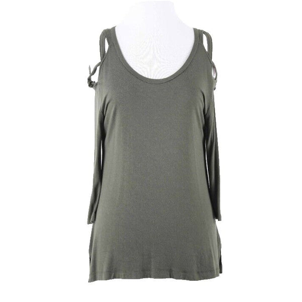Love Scarlett Sz PS Olive Green Split Side Strap Cold Shoulder Rayon Blend Top