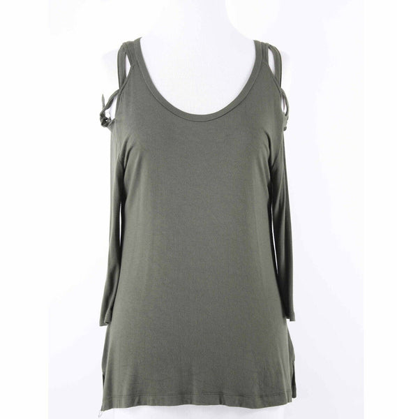 Love Scarlett Sz PS Olive Green Split Side Strap Cold Shoulder Rayon Blend Top
