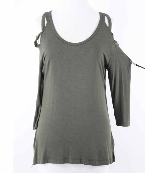 Love Scarlett Sz PS Olive Green Split Side Strap Cold Shoulder Rayon Blend Top