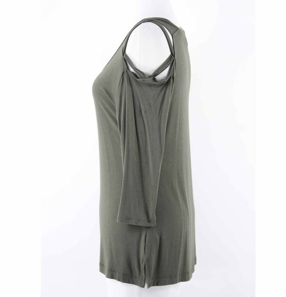 Love Scarlett Sz PS Olive Green Split Side Strap Cold Shoulder Rayon Blend Top