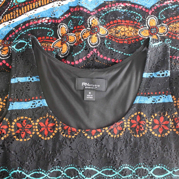 Ronni Nicole Sz 8 Black Multi Tank Lace Overlay Nylon Spandex Lined Maxi Dress