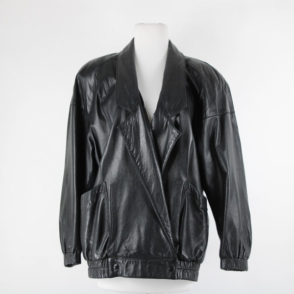 Vakko Sz S Vintage Oversize 80's Black Collared Pocketed Lined Leather Jacket