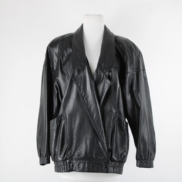 Vakko Sz S Vintage Oversize 80's Black Collared Pocketed Lined Leather Jacket