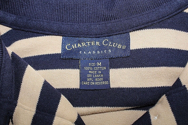 Charter Club M Navy Tan Stripe Embroidered Crest Cotton Top