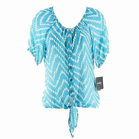 By & By NEW Size M Aqua White Button Front Tie Bottom 100% Polyester Top