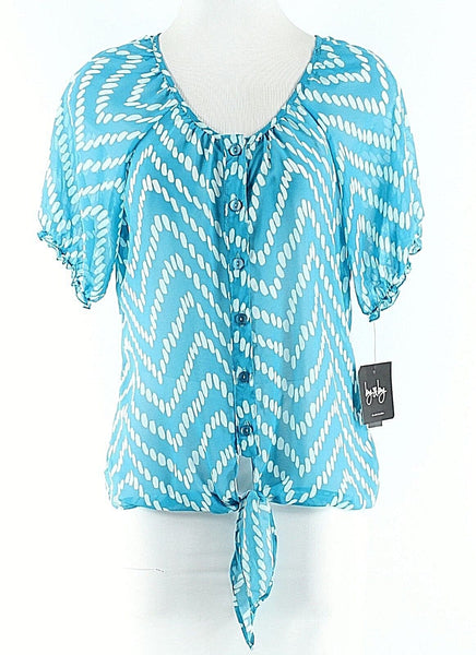 By & By NEW Size M Aqua White Button Front Tie Bottom 100% Polyester Top