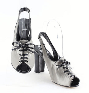 Enzo Angiolini 5M Silver Satin Black Patent Lace Up Open Toe Slingback Heel