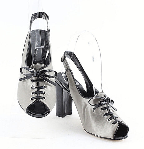 Enzo Angiolini 5M Silver Satin Black Patent Lace Up Open Toe Slingback Heel
