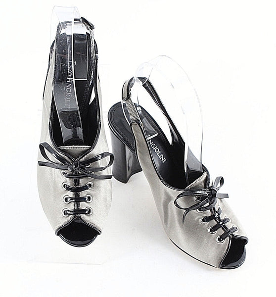 Enzo Angiolini 5M Silver Satin Black Patent Lace Up Open Toe Slingback Heel
