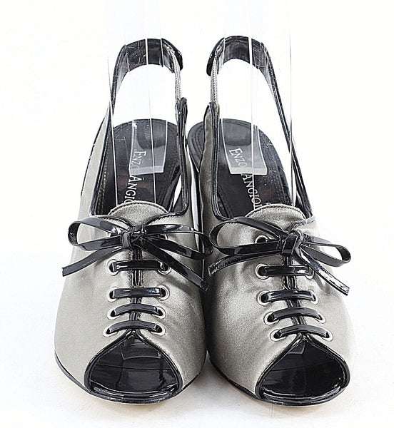 Enzo Angiolini 5M Silver Satin Black Patent Lace Up Open Toe Slingback Heel