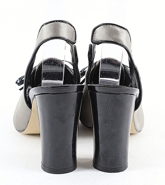Enzo Angiolini 5M Silver Satin Black Patent Lace Up Open Toe Slingback Heel