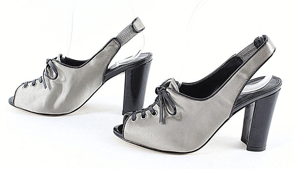 Enzo Angiolini 5M Silver Satin Black Patent Lace Up Open Toe Slingback Heel