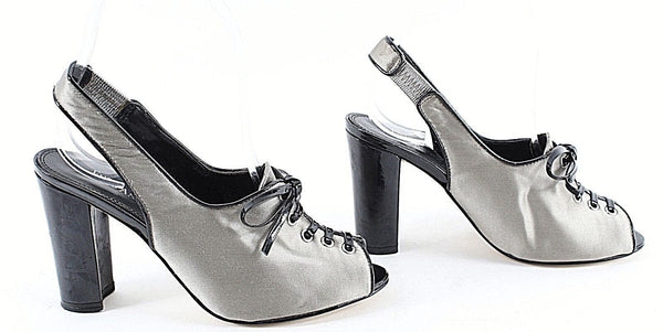 Enzo Angiolini 5M Silver Satin Black Patent Lace Up Open Toe Slingback Heel