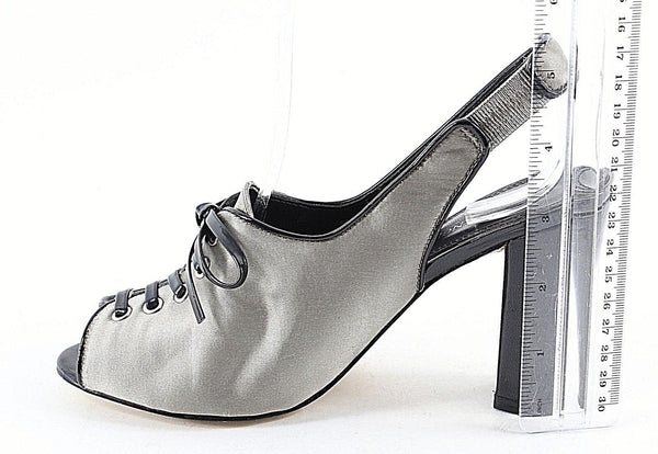 Enzo Angiolini 5M Silver Satin Black Patent Lace Up Open Toe Slingback Heel
