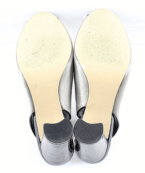 Enzo Angiolini 5M Silver Satin Black Patent Lace Up Open Toe Slingback Heel