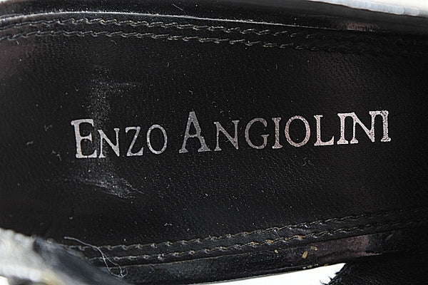 Enzo Angiolini 5M Silver Satin Black Patent Lace Up Open Toe Slingback Heel