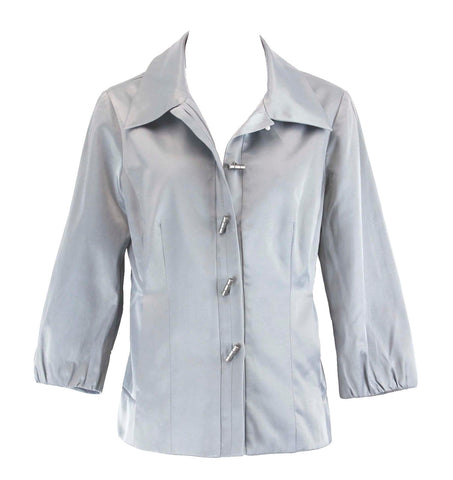 Chicos Sz 0 Seafoam Silver Grey Satin Bell Sleeve Poly Cotton Blnd Jacket