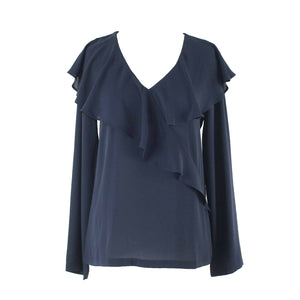 Loft NEW $60 Sz XS Navy Blue Flutter Overlay Ruffle V Neck Polyester Top